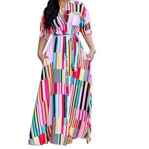 Maxi dress. Short sleeve. Multi-color stripes (S)